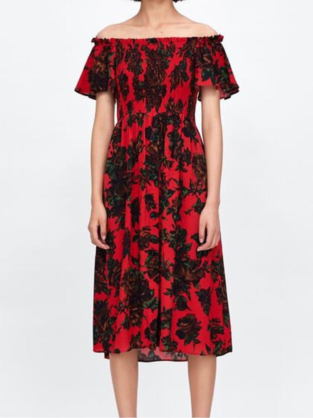 Zara Basic Off-The-Shoulder Red & Black Floral Midi Dress - Size S